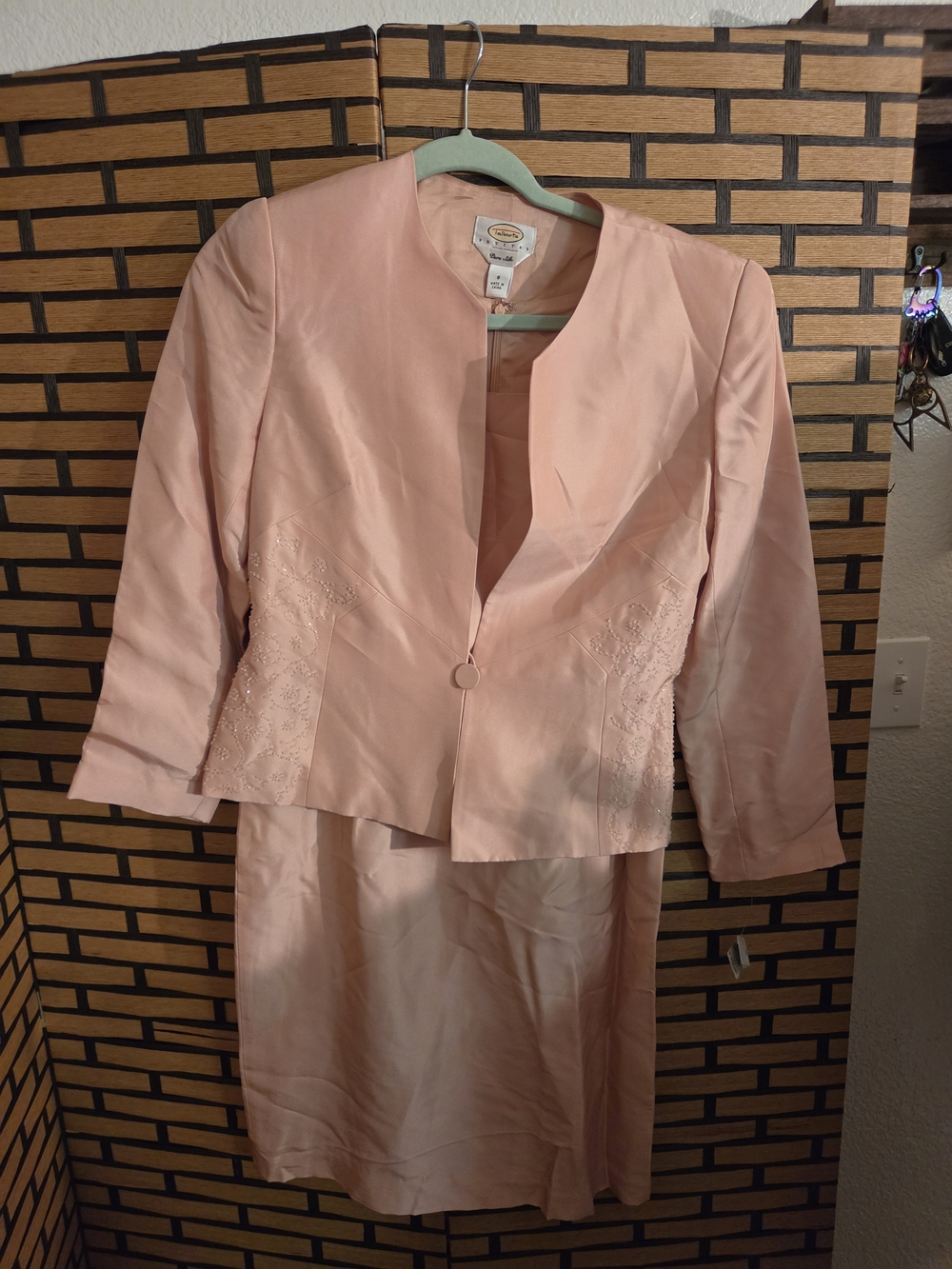 Talbots Petites Peach Pink 100% Silk Beaded Suit Set Blazer & Dress Size 8P NWT